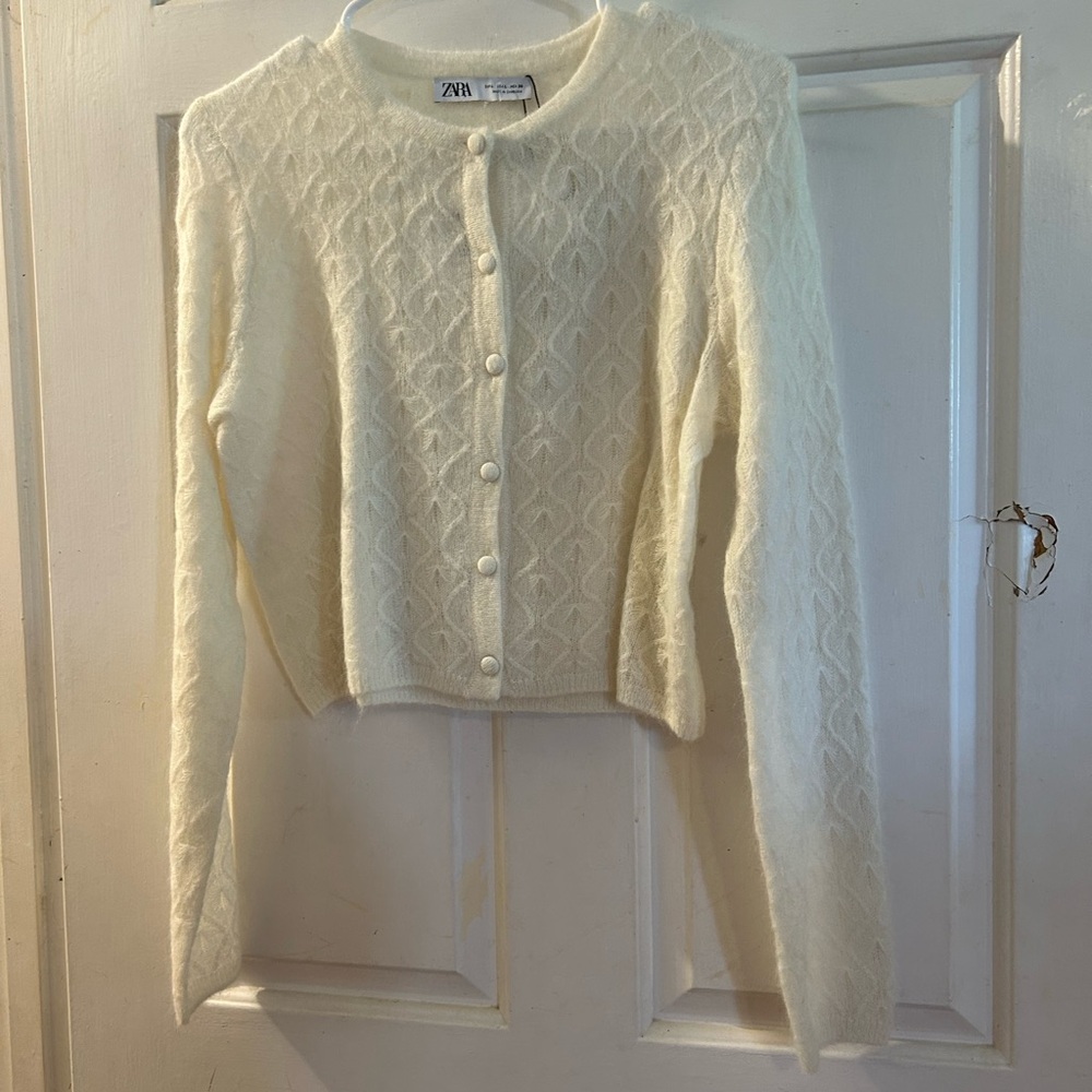Zara Ivory Cable Knit Pearl-Button Cardigan